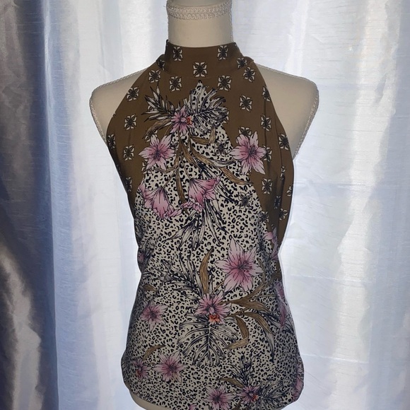 White House Black Market Tops - White House Black Market Brown Halter Floral Camisole with Pink Flowers